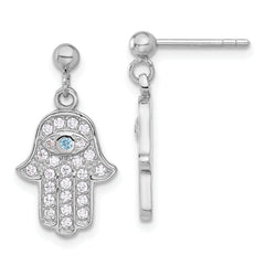Sterling Silver RH-pltd Blue/White CZ Evil Eye Hamsa Post Dangle Earrings