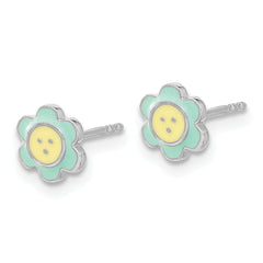 Sterling Silver Rhodium-plated Enamel Flower Children's Post Earrings