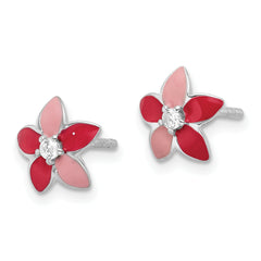 Sterling Silver RH-plated Pink Enamel & CZ Flower Children's Post Earrings