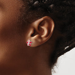Sterling Silver RH-plated Pink Enamel & CZ Flower Children's Post Earrings