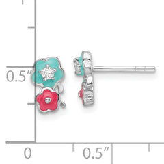 Sterling Silver RH-plated CZ & Enamel Flowers Children's Post Earrings