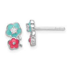 Sterling Silver RH-plated CZ & Enamel Flowers Children's Post Earrings