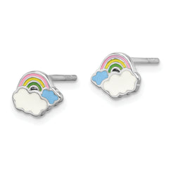 Sterling Silver Rhodium-plated Multicolor Enameled Rainbow & Clouds Children's Post Earrings