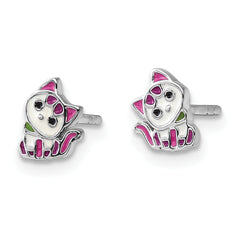 Sterling Silver Rhodium-plated Multicolor Enameled Kitty Children's Post Earring