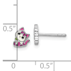 Sterling Silver Rhodium-plated Multicolor Enameled Kitty Children's Post Earring