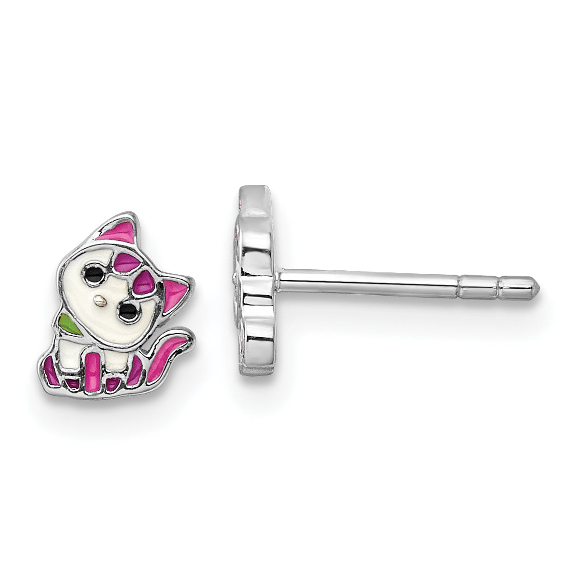 Sterling Silver Rhodium-plated Multicolor Enameled Kitty Children's Post Earring