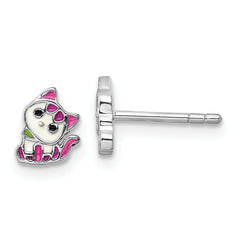 Sterling Silver Rhodium-plated Multicolor Enameled Kitty Children's Post Earring