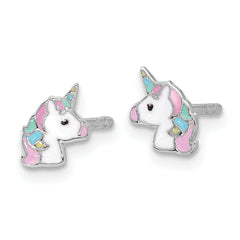 Sterling Silver Rhodium-plated Enameled Unicorn Children's Post Earrings