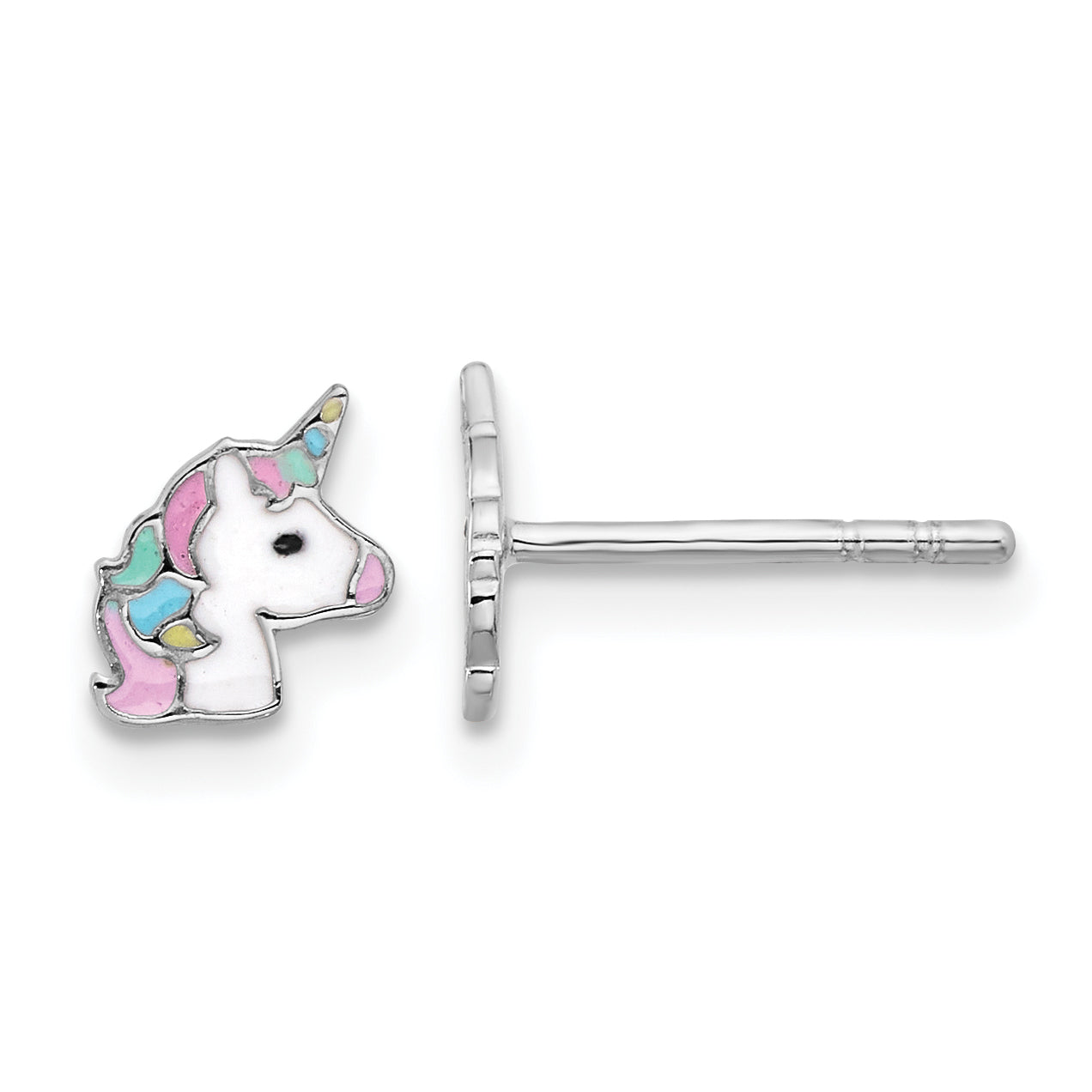 Sterling Silver Rhodium-plated Enameled Unicorn Children's Post Earrings