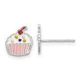 Sterling Silver Rhodium-plated Polished Multi-color Enamel Cupcake Children's Post Earrings