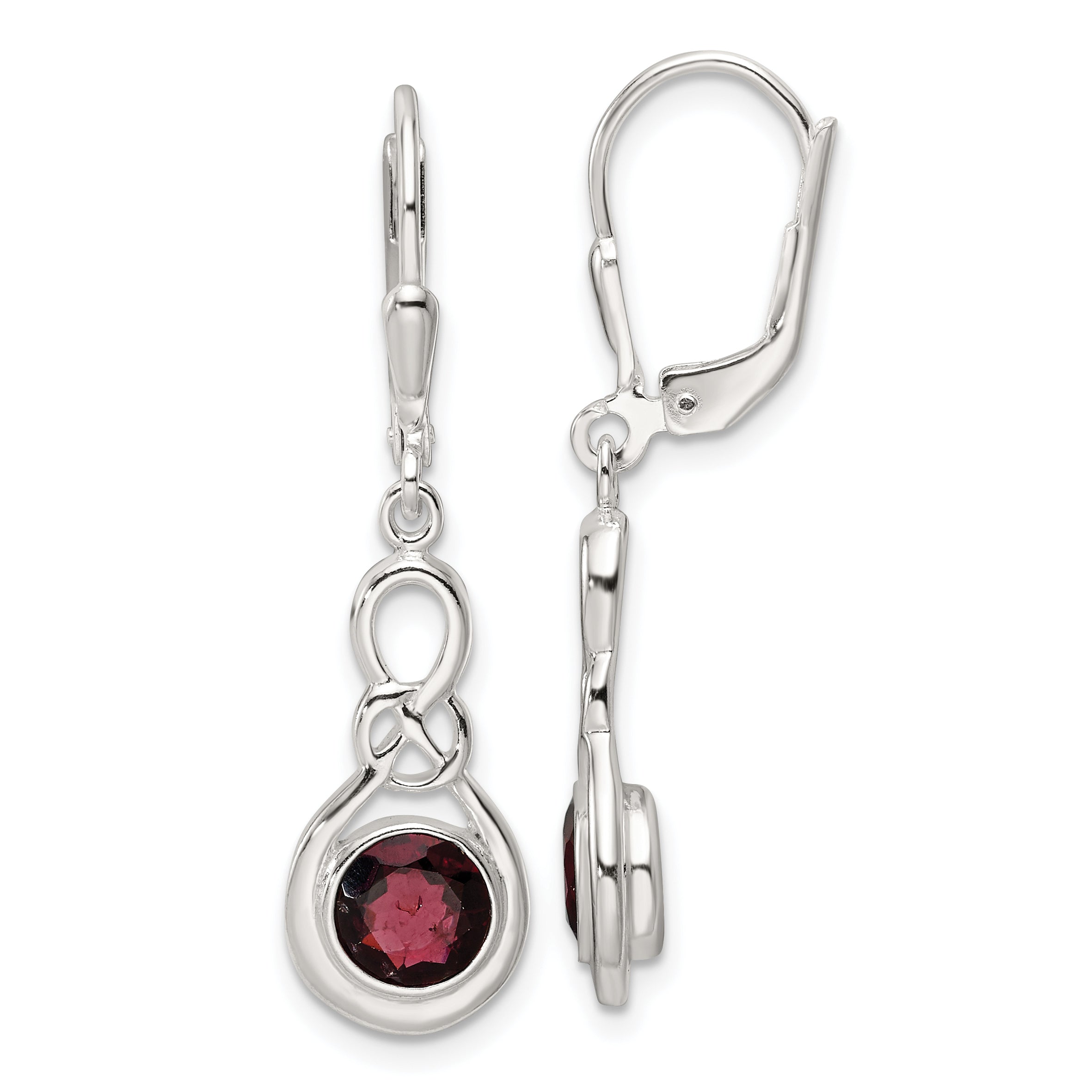 Sterling Silver Polished Garnet Knot Leverback Dangle Earrings