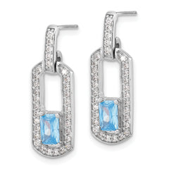 Sterling Silver Rh-plated Polished Blue Topaz and CZ Post Dangle Earrings