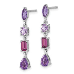 Sterling Silver RH-plated Amethyst Rhodolite Pink Quartz Dangle Earrings