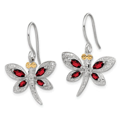 Sterling Silver/14k RH-plated Garnet/Diamond Dragonfly Earrings