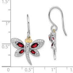 Sterling Silver/14k RH-plated Garnet/Diamond Dragonfly Earrings