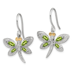Sterling Silver/14k RH-plated Peridot/Diamond Dragonfly Earrings