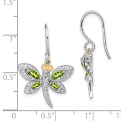 Sterling Silver/14k RH-plated Peridot/Diamond Dragonfly Earrings