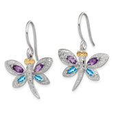 Sterling Silver/14k RH-plated Amethyst/Bl Topaz/Diamond Dragonfly Earrings