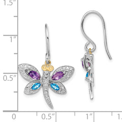 Sterling Silver/14k RH-plated Amethyst/Bl Topaz/Diamond Dragonfly Earrings