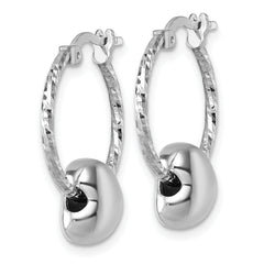 Sterling Silver Rhodium-plated Twisted Diamond-cut with Puffed Heart Bead Hoop Earrings