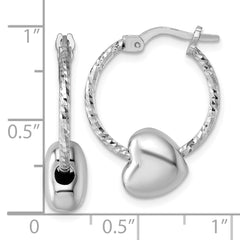 Sterling Silver Rhodium-plated Twisted Diamond-cut with Puffed Heart Bead Hoop Earrings