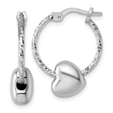 Sterling Silver Rhodium-plated Twisted Diamond-cut with Puffed Heart Bead Hoop Earrings