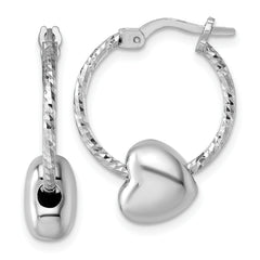 Sterling Silver Rhodium-plated Twisted Diamond-cut with Puffed Heart Bead Hoop Earrings