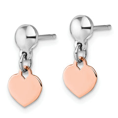 Sterling Silver Rhodium-plated Rose Gold-plated Heart Disc Dangle Post Earrings