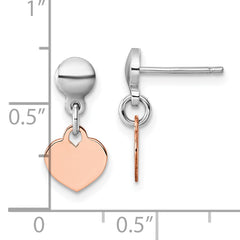 Sterling Silver Rhodium-plated Rose Gold-plated Heart Disc Dangle Post Earrings