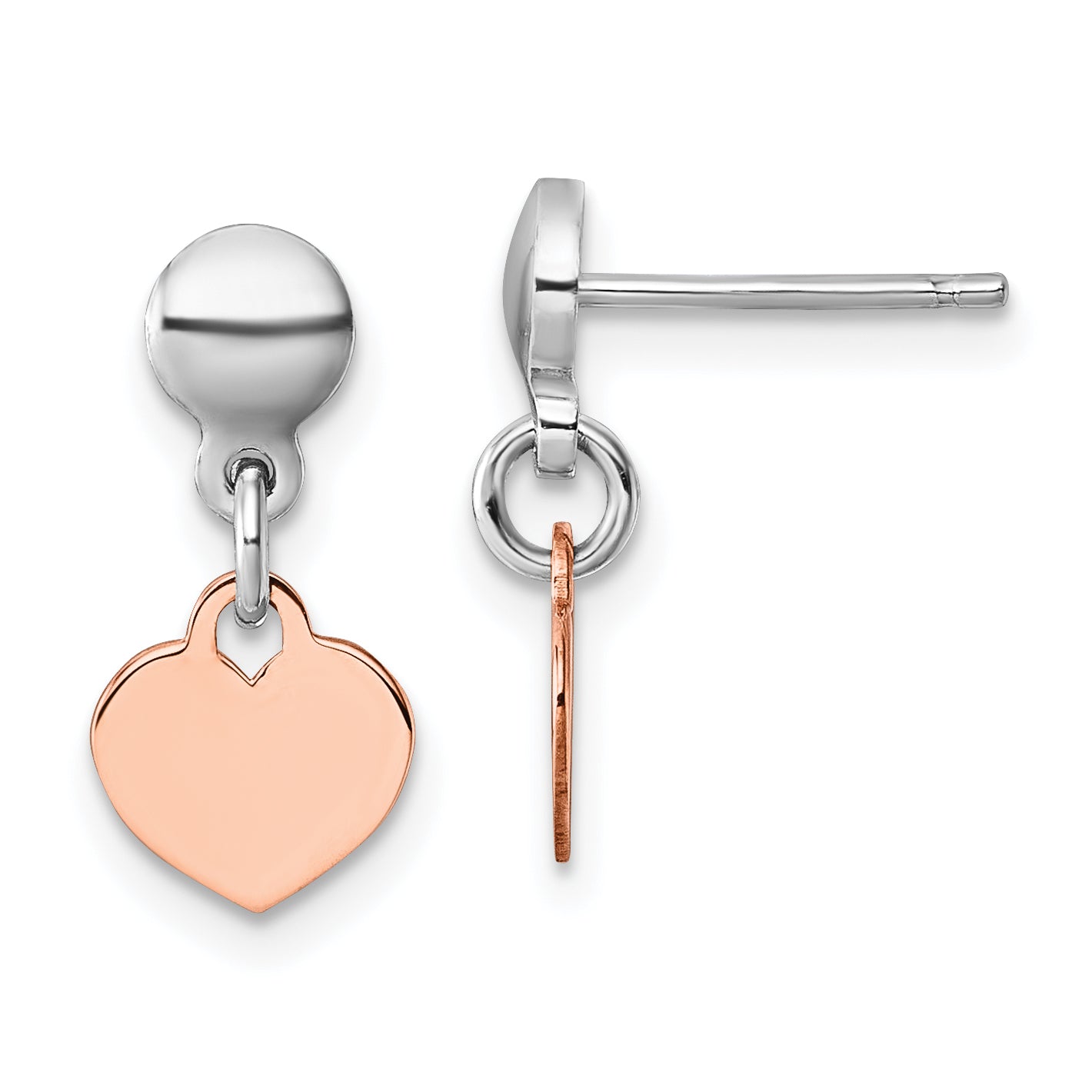 Sterling Silver Rhodium-plated Rose Gold-plated Heart Disc Dangle Post Earrings