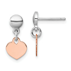 Sterling Silver Rhodium-plated Rose Gold-plated Heart Disc Dangle Post Earrings