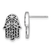 Sterling Silver Rhodium-plated Polished and Oxidized Filigree Hamsa Post Earrings
