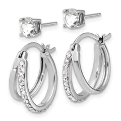 Sterling Silver Platinum Flash-plated Polished White Crystal Post and Hoop Earring Set