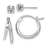 Sterling Silver Platinum Flash-plated Polished White Crystal Post and Hoop Earring Set