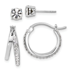 Sterling Silver Platinum Flash-plated Polished White Crystal Post and Hoop Earring Set
