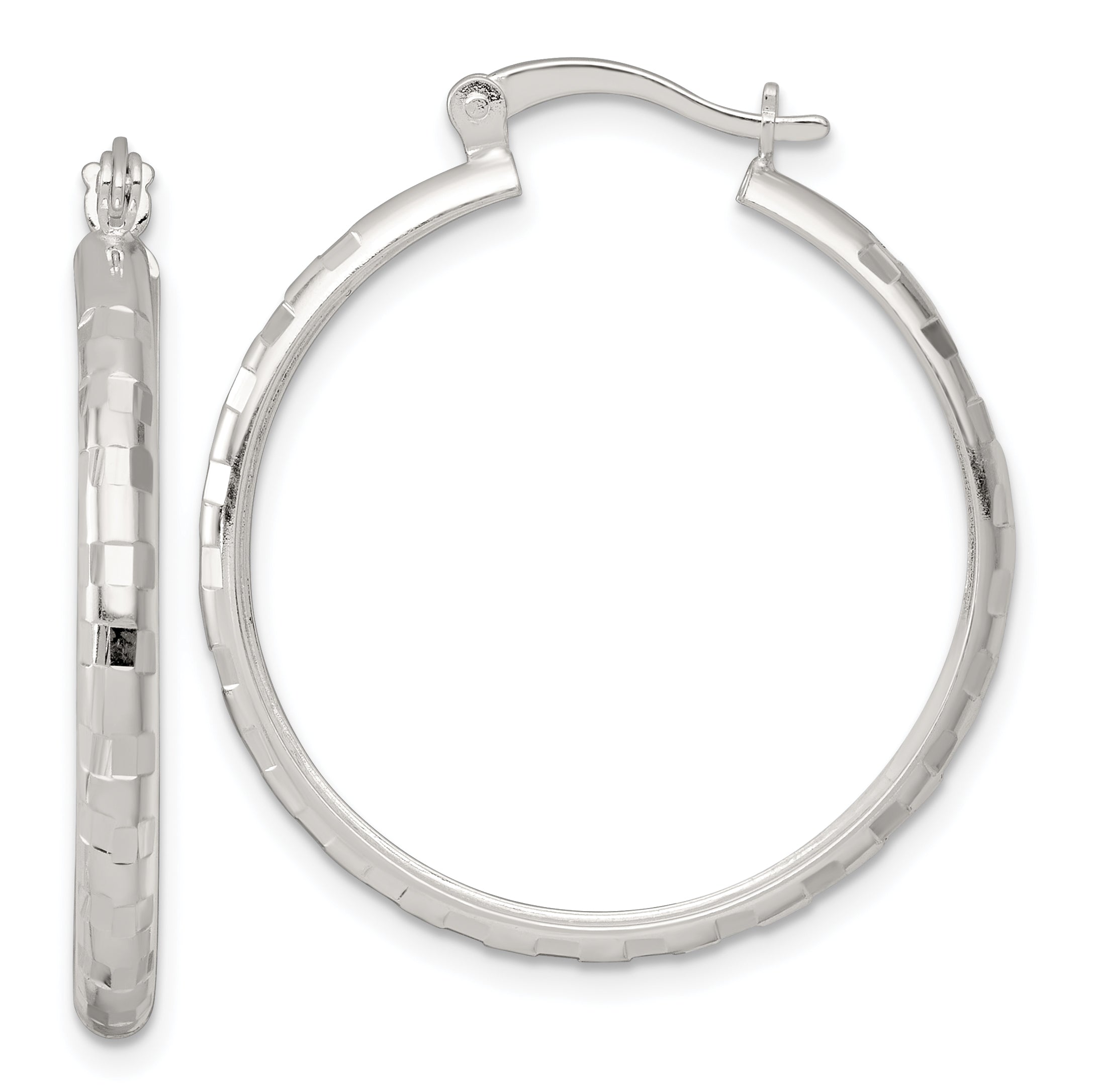Sterling Silver Polished Diamond-cut 30x3mm Round Hoop Earrings