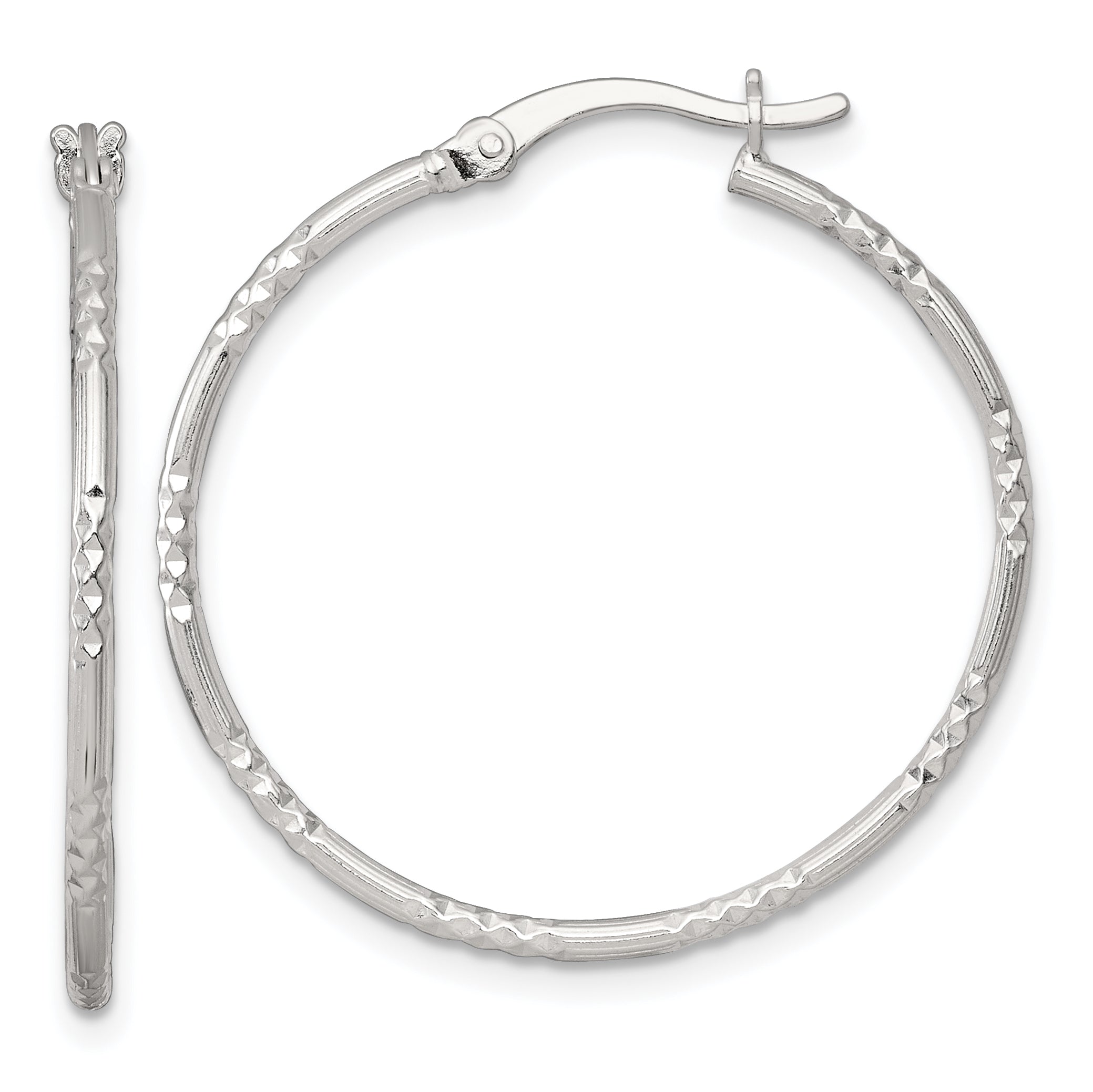 Sterling Silver Polished Diamond-cut Textured 30x1.5mm Round Hoop Earrings