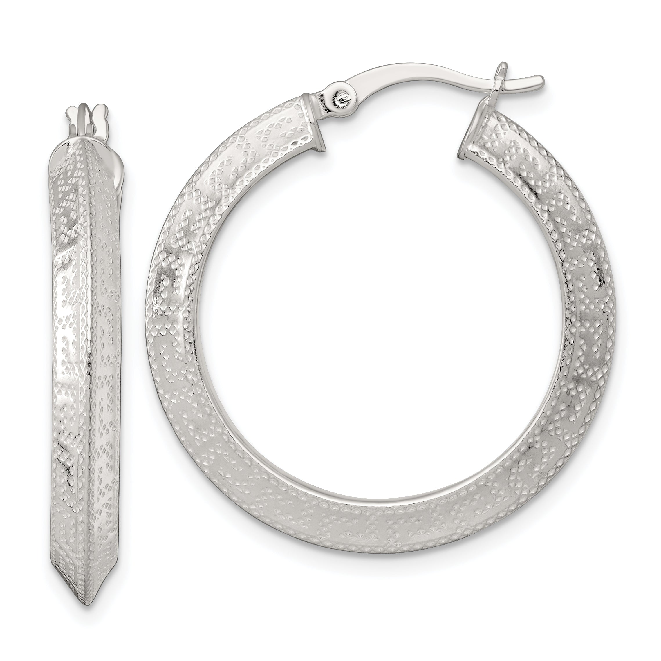 Sterling Silver Textured 30x4.0mm Knife Edge Greek Key Round Hoop Earrings