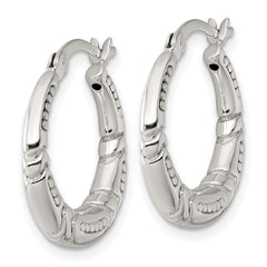 Sterling Silver Polished Beaded and Grooved Round Hollow Hoop Earrings