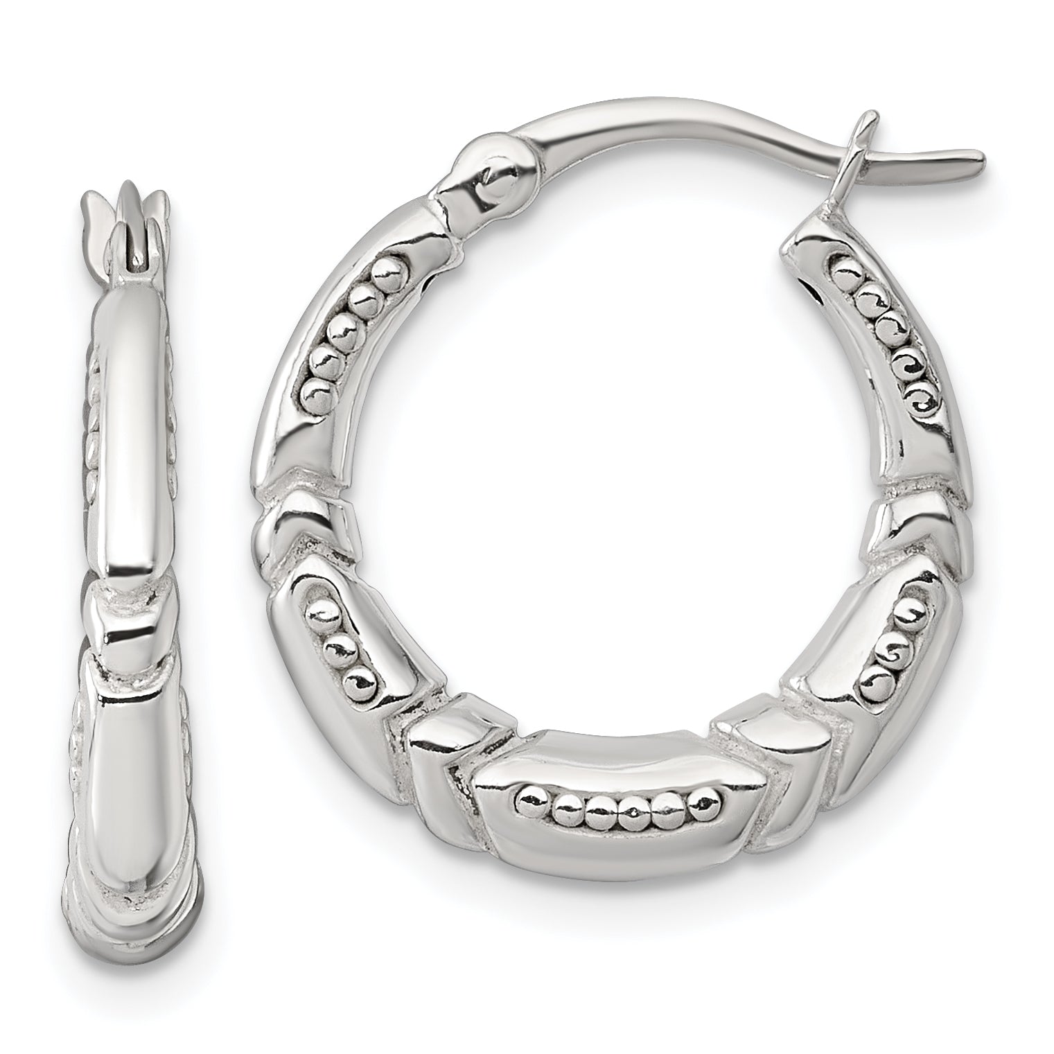 Sterling Silver Polished Beaded and Grooved Round Hollow Hoop Earrings