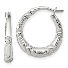 Sterling Silver Polished Beaded and Grooved Round Hollow Hoop Earrings