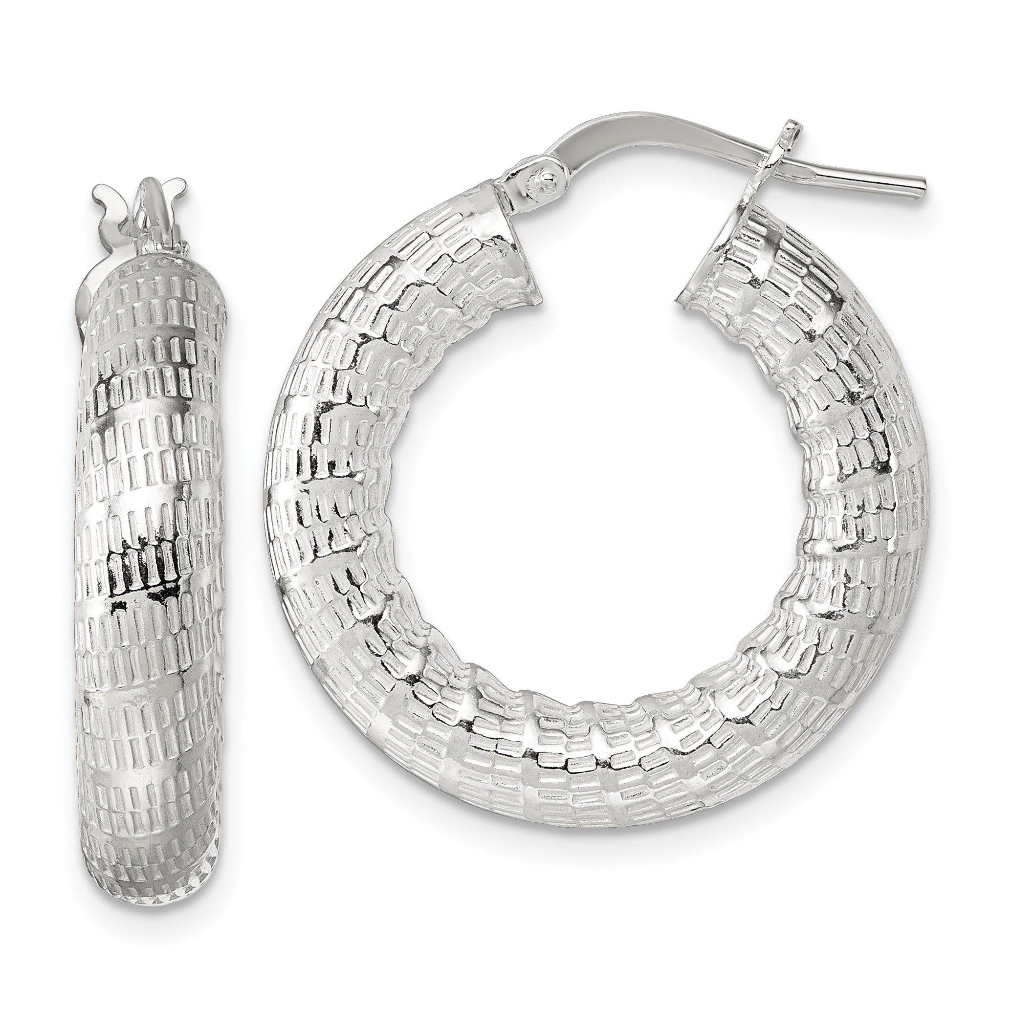 Sterling Silver Polished and Textured 5.25mm Round Tube Hoop Earrings
