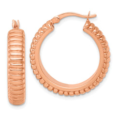 Sterling Silver Rose-tone Polished and Grooved 26x6mm Round Hollow Hoop Earrings
