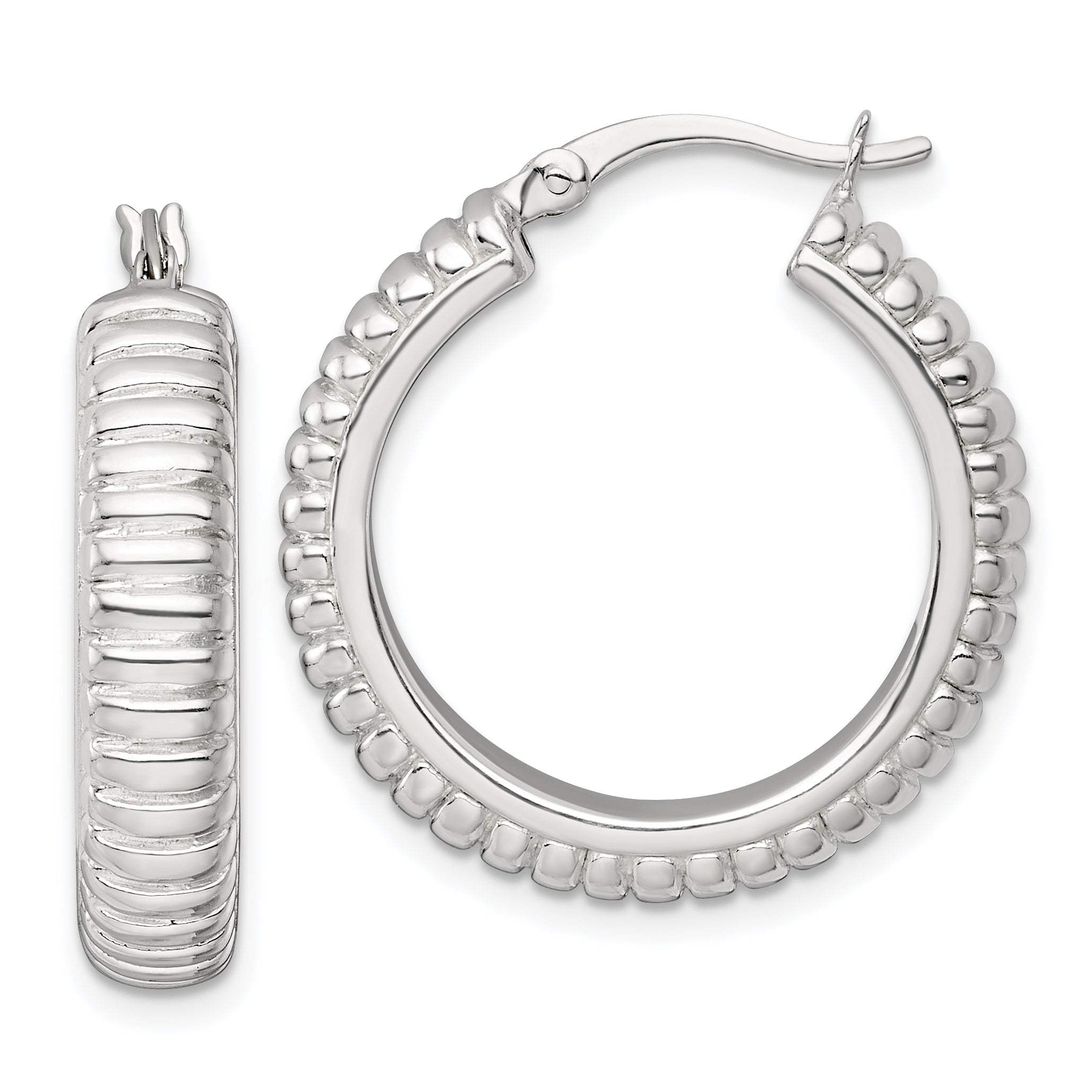 Sterling Silver Polished and Grooved 26x6mm Round Hollow Hoop Earrings
