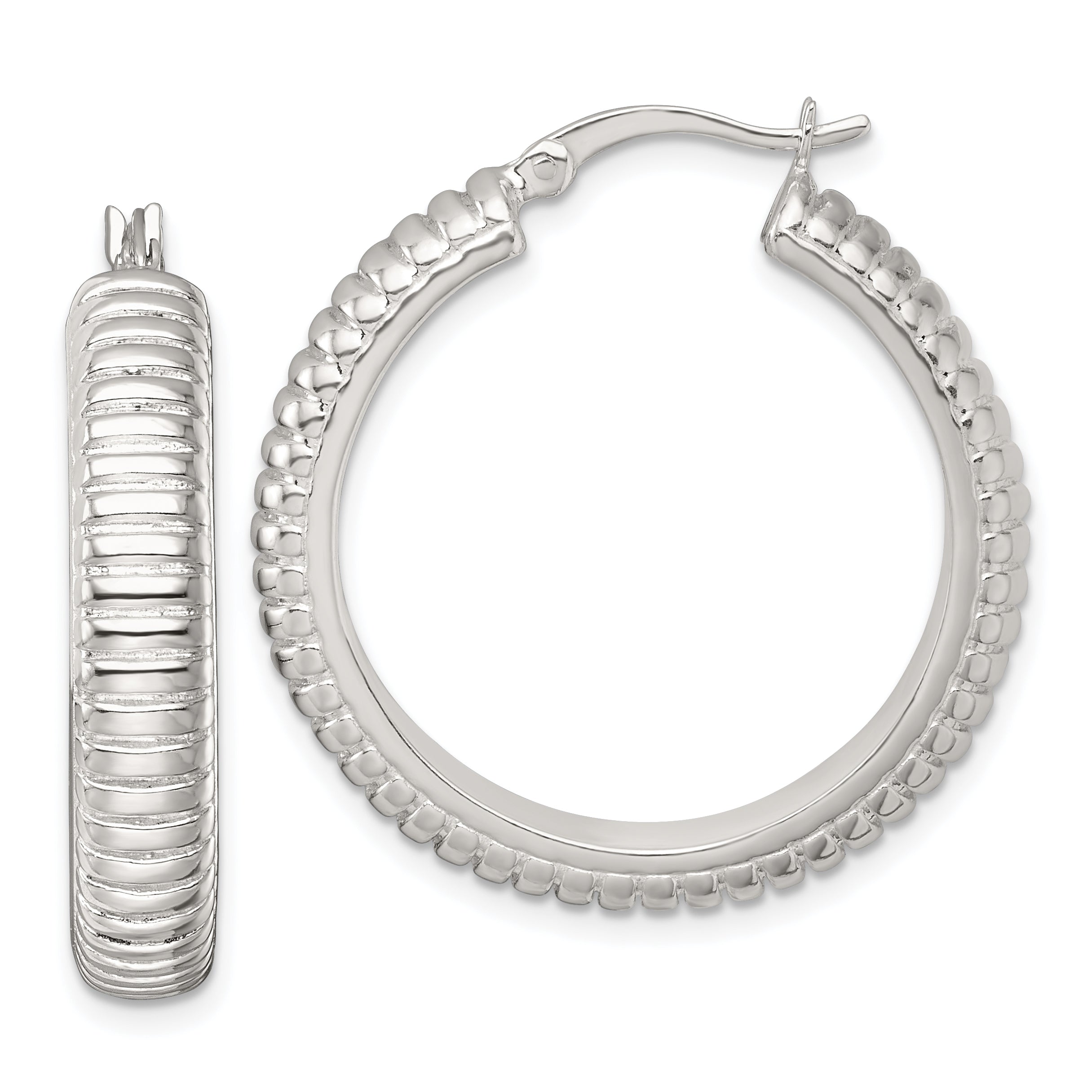 Sterling Silver Polished and Grooved 32x6mm Round Hollow Hoop Earrings