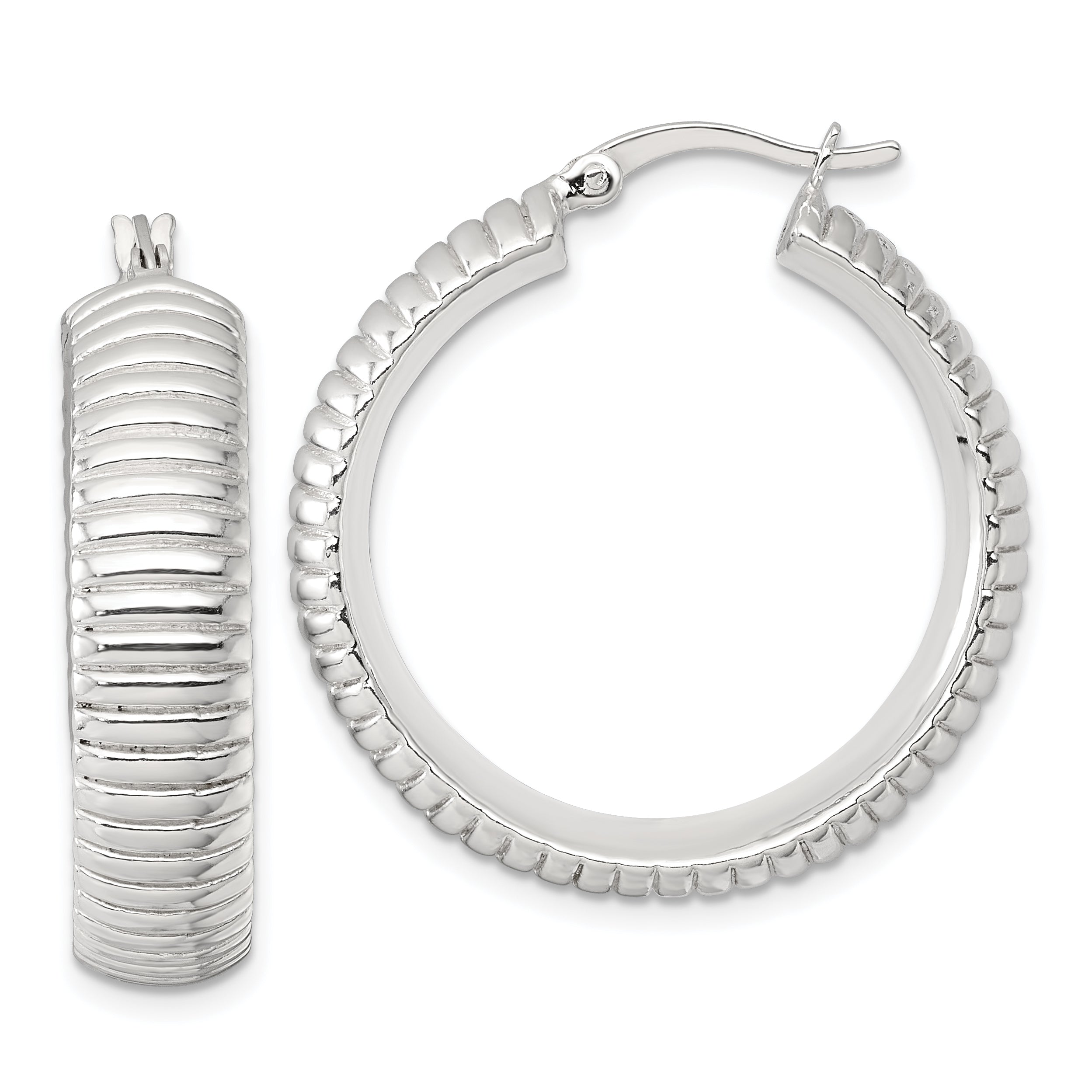 Sterling Silver Polished and Grooved 32x7.5mm Round Hollow Hoop Earrings