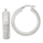 Sterling Silver Polished and Grooved 32x7.5mm Round Hollow Hoop Earrings