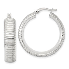 Sterling Silver Polished and Grooved 32x7.5mm Round Hollow Hoop Earrings