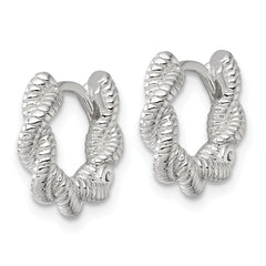 Sterling Silver Polish Textured Twisted Hinged Round Hoop Earrings