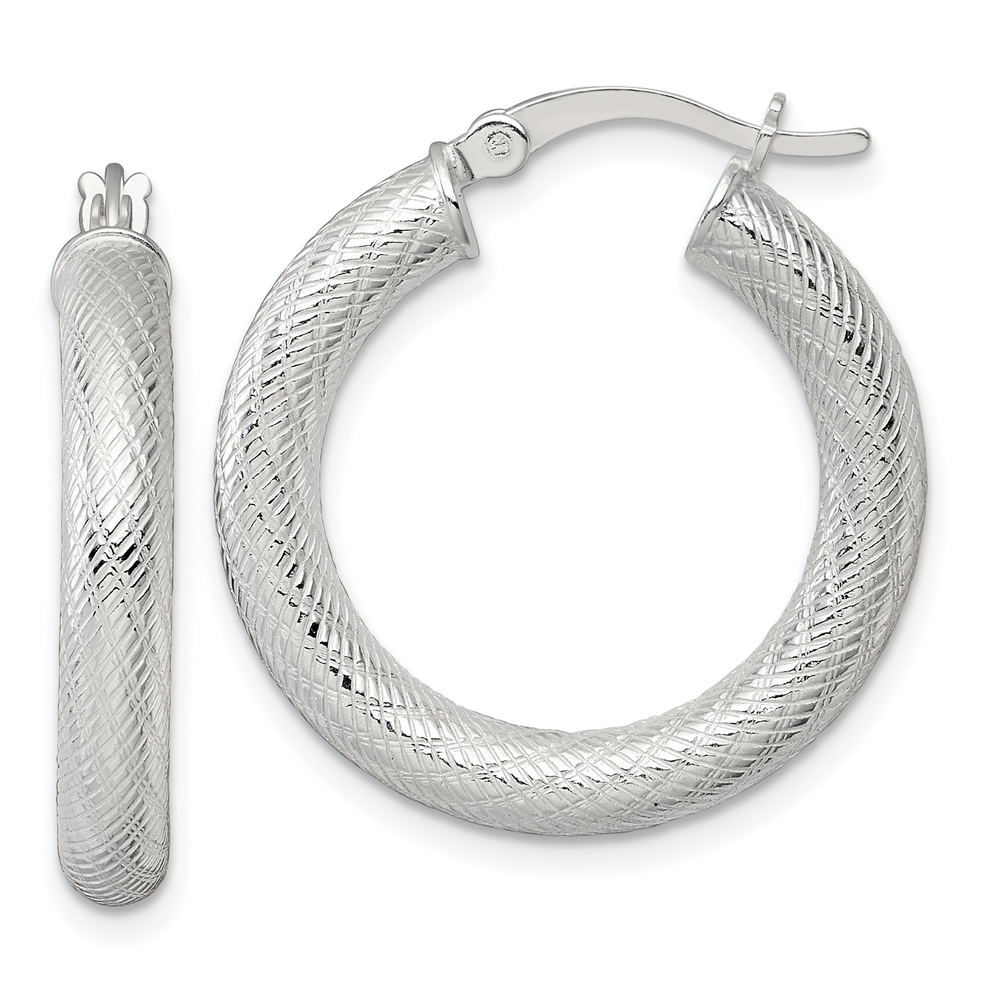 Sterling Silver Polished and Textured 25x4.0mm Round Hoop Earrings